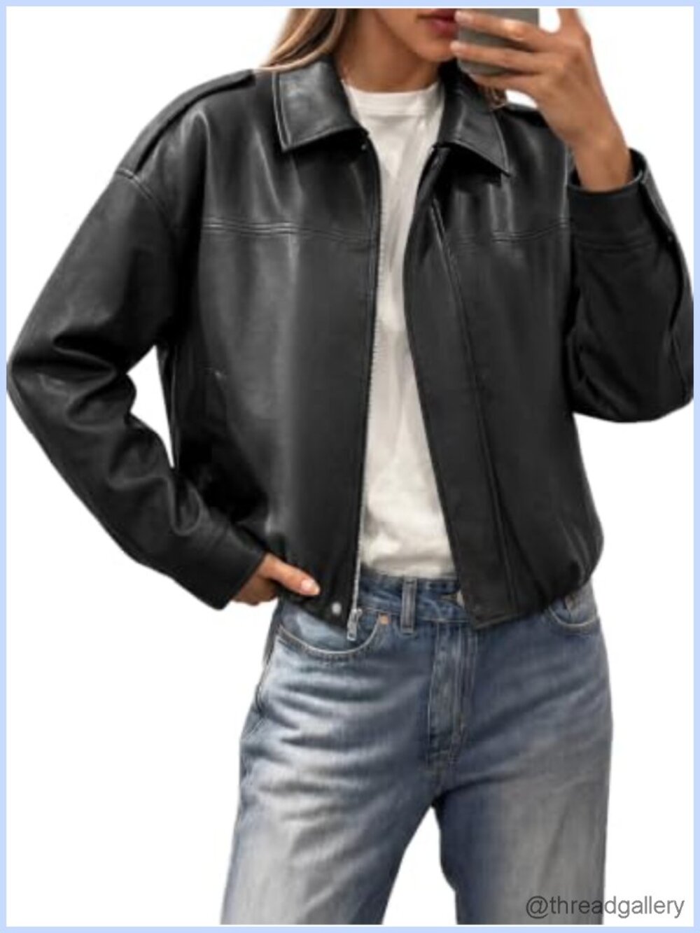 Women's Cropped Faux Leather Jacket Oversized Bomber Zip Up Coat